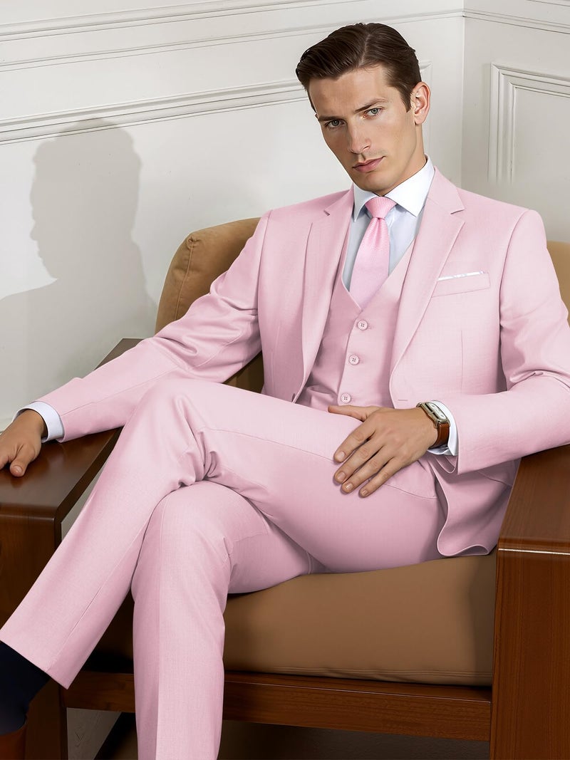 WEEN CHARM بدلات WEEN CHARM للرجال، مجموعة بدلة ضيقة مكونة من 3 قطع مع سترة ذات زرين، صدرية، بنطلون، توكسيدو لحفلات الزفاف، حفلات التخرج، الحفلات، الأعمال باللون الأزرق الفاتح - Image 3